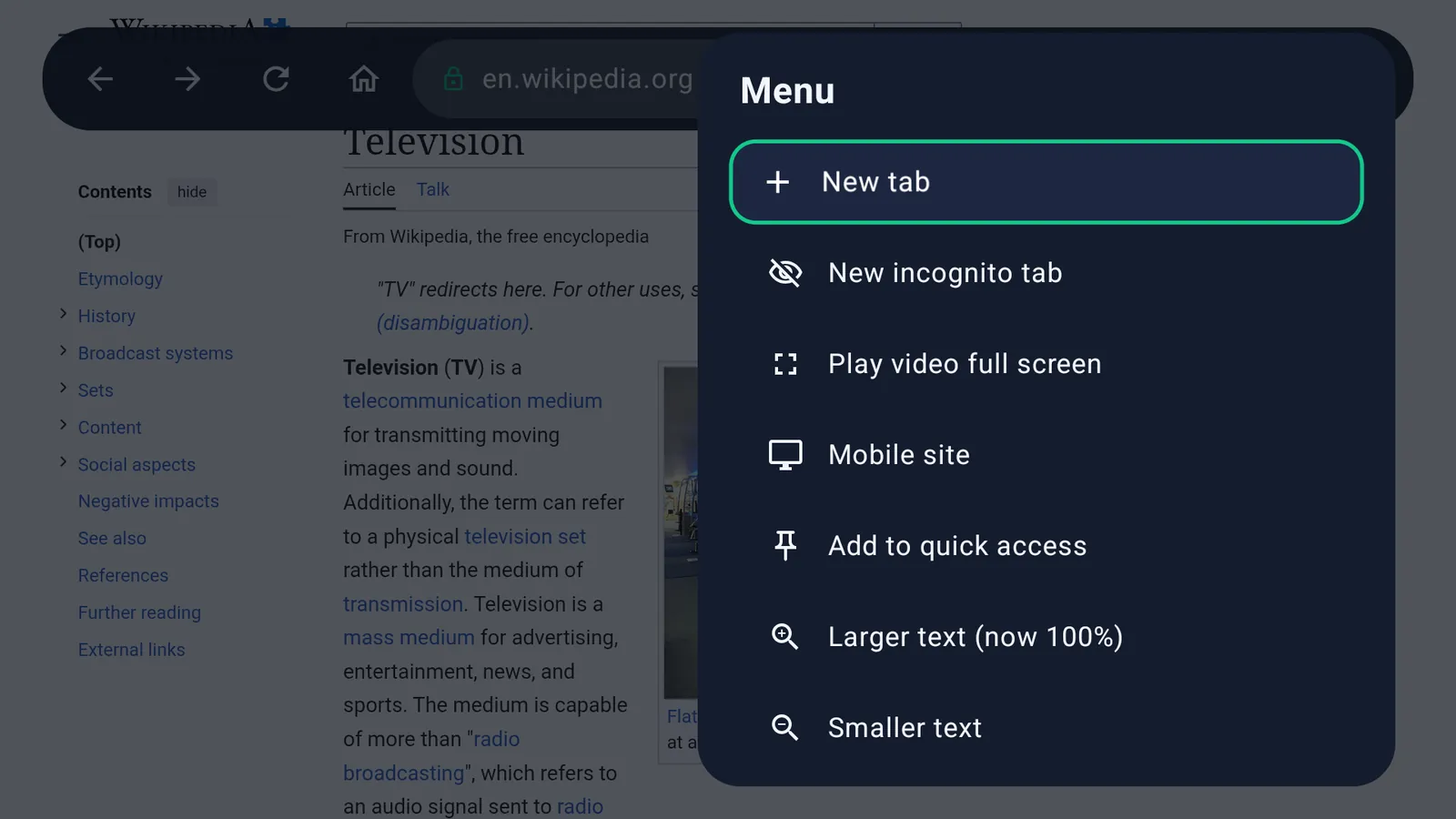 The Wavvy Surf menu: new tab, new incognito tab, play video full screen, mobile site, text size