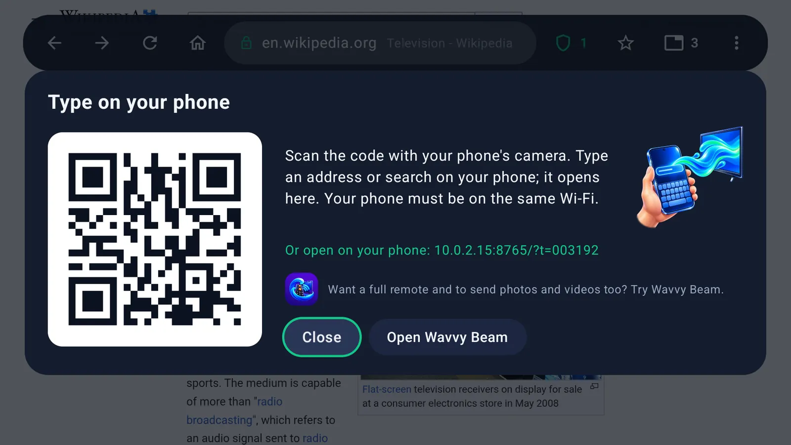 The Type on your phone panel with a QR code on the TV
