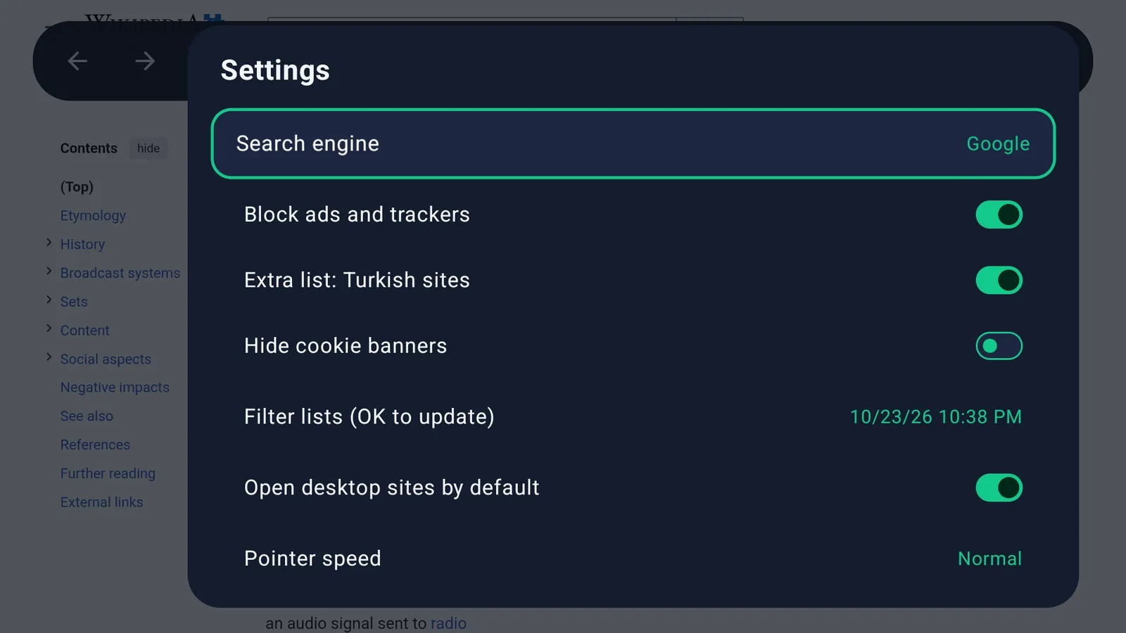 Wavvy Surf settings: block ads and trackers, extra list for Turkish sites, hide cookie banners, filter lists
