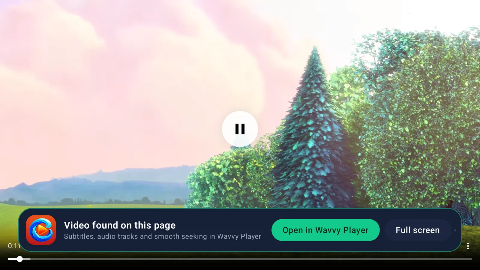 Video found on this page, with Open in Wavvy Player and Full screen buttons